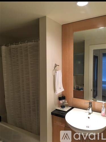 A bathroom with a sink, mirror, and shower curtain.