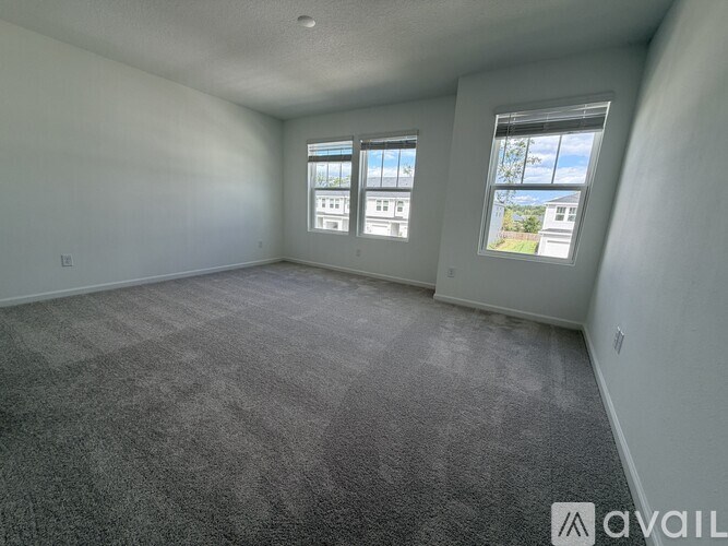 A room with grey carpet and two windows overlooking a cityscape.