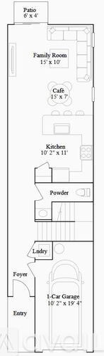 A floor plan of a house with a patio, family room, cafe, kitchen, powder room, entry, and 1-car garage.
