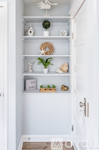 A white door with a gold handle and a white shelf with plants and decorations.