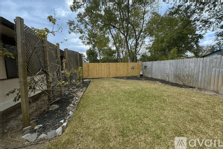 A backyard with a wooden fence and a small tree.