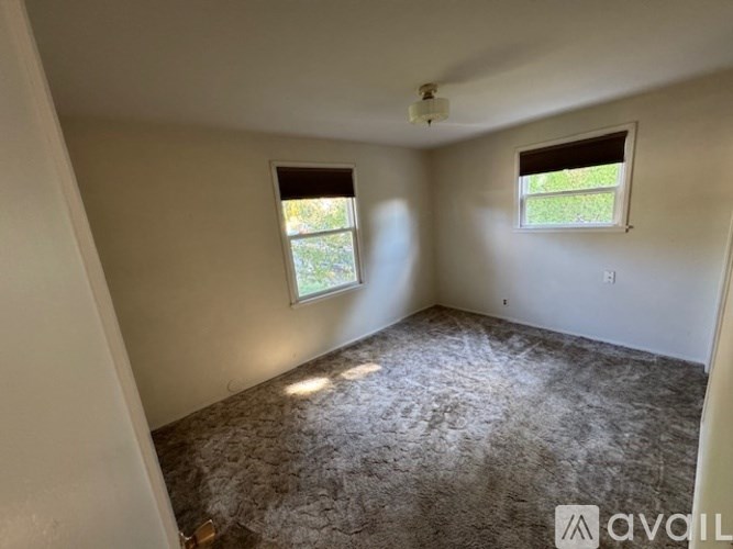 A room with a carpeted floor and two windows.