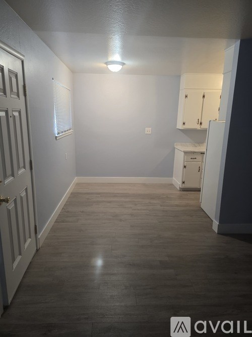 A hallway with a white door and a light on the ceiling.