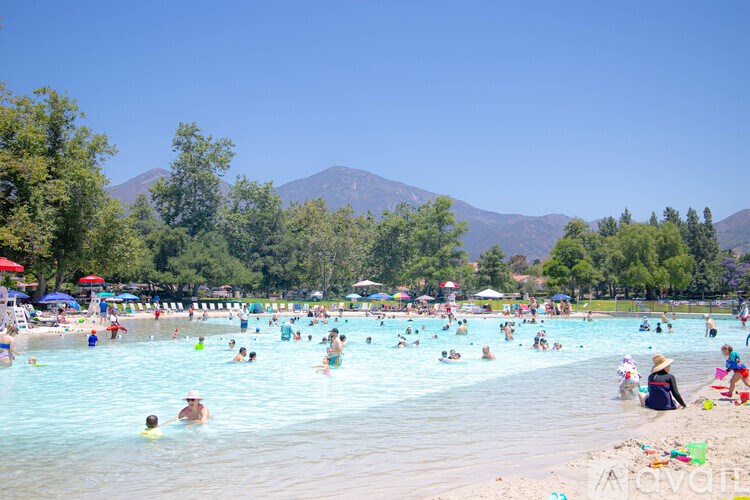 A group of people are swimming in a blue pool.
