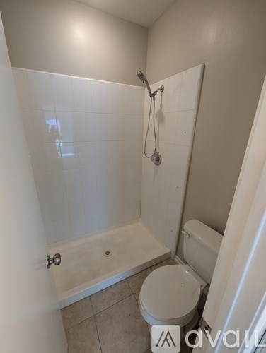 A white toilet sits next to a walk-in shower.