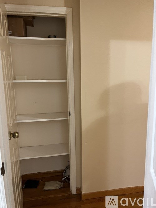 A white door with a black handle and a small black object on the floor.