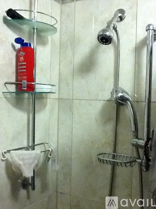 A shower with a hose and a bottle of shampoo on the shelf.