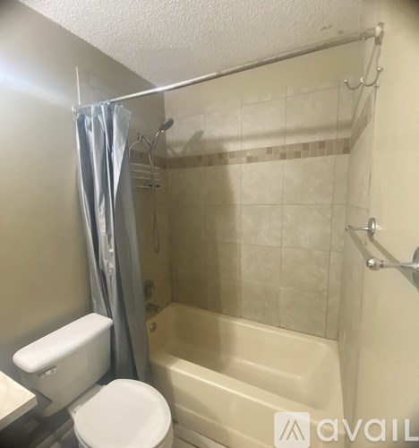 A bathroom with a toilet, tub, and shower.
