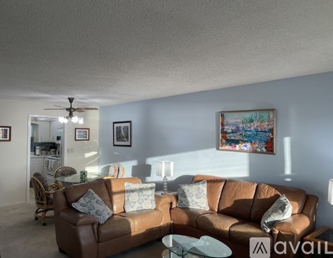 A living room with a brown couch and a ceiling fan.