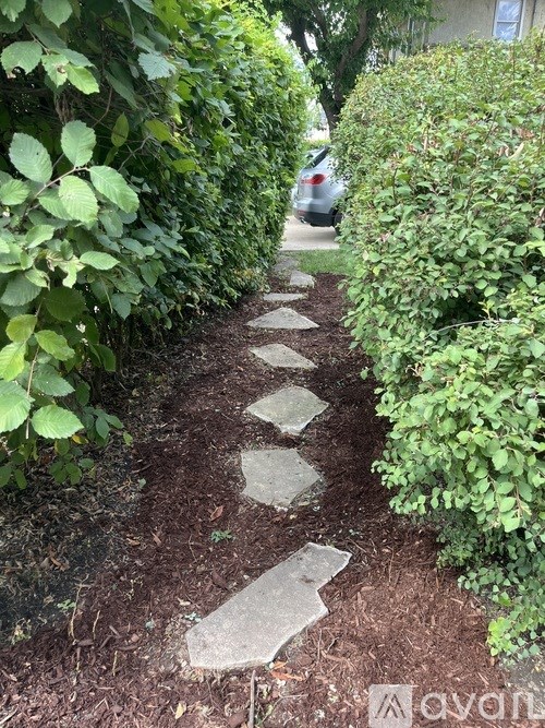 A stone pathway leads through a garden.