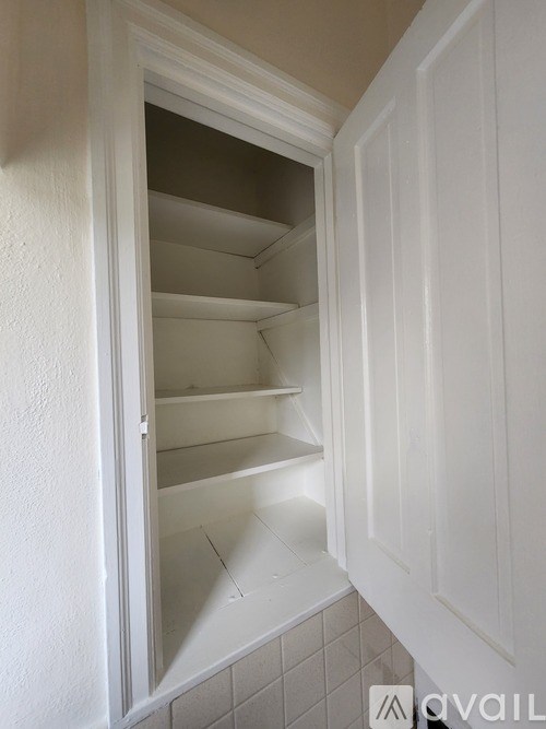 Empty white shelves in a white cabinet.