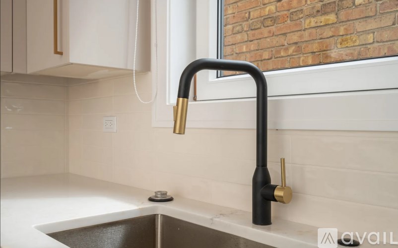 A kitchen sink with a black faucet and a gold handle.