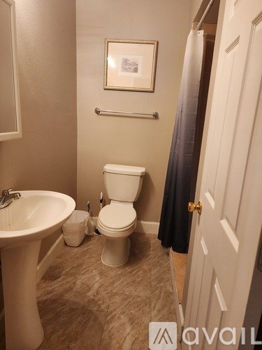 A bathroom with a toilet, sink, and a picture on the wall.