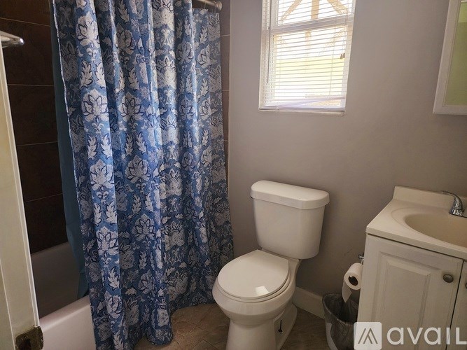 A bathroom with a toilet, sink, and shower curtain.