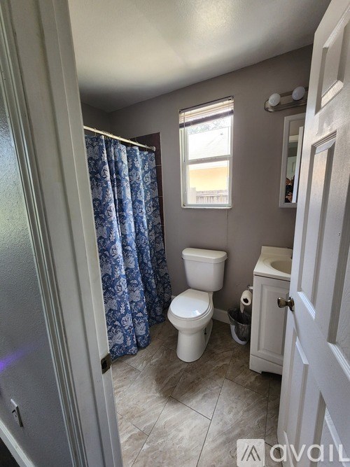 A bathroom with a toilet, sink, and shower curtain.
