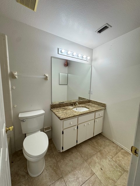 A bathroom with a toilet, sink, and mirror.