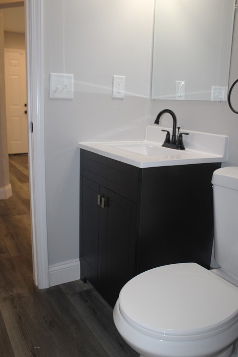 A white toilet sits next to a sink in a bathroom.