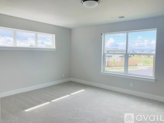A room with a carpeted floor and two windows.