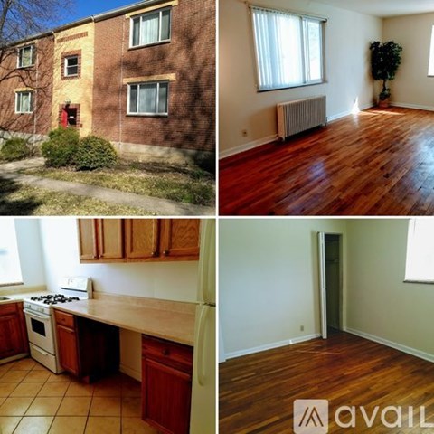 Four images of a house including the exterior, a kitchen, and two empty rooms.