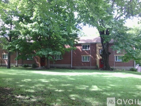 A tree in front of a brick building with a sign that says "available".