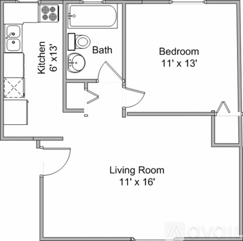 A floor plan of a small apartment with a kitchen, bathroom, bedroom, and living room.