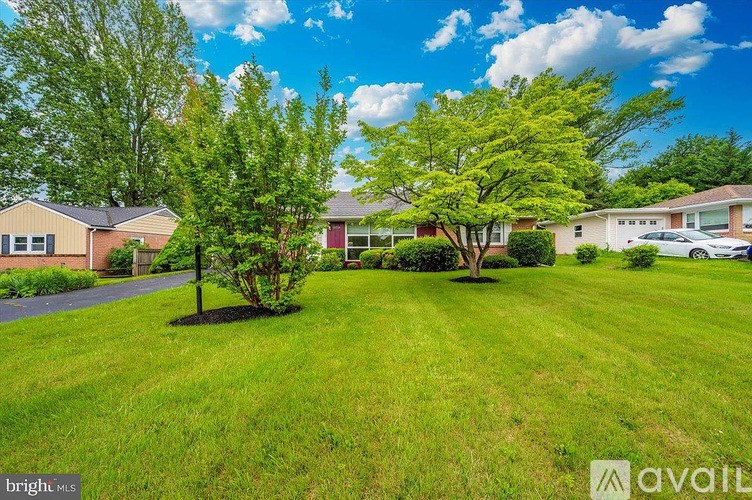A bright sunny day at a suburban home with a well-kept lawn and trees.