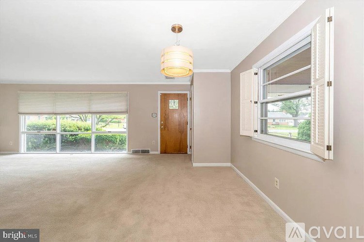 A room with a carpeted floor, a door, and a window with blinds.