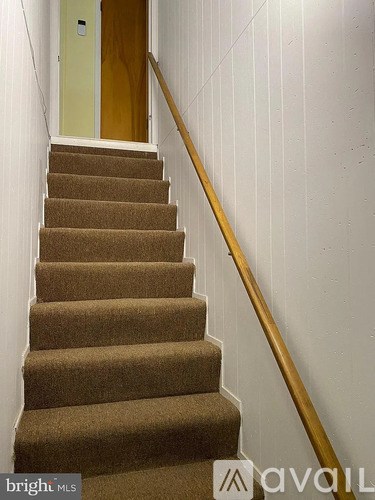 A staircase with a brown carpeted runner and a wooden handrail.