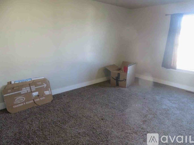 A room with a carpeted floor and two cardboard boxes.