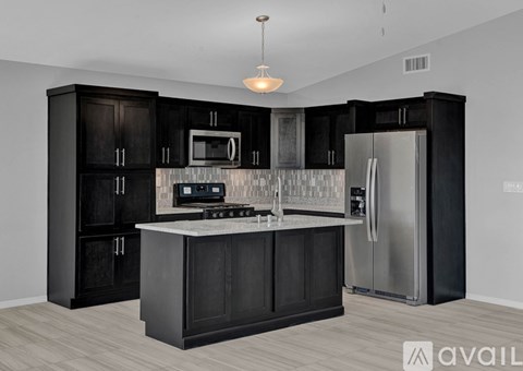 A modern kitchen with black cabinets and stainless steel appliances.