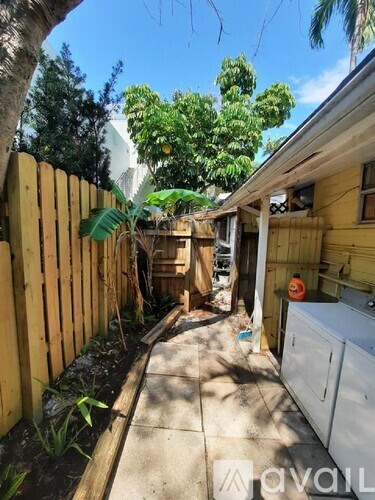 A backyard with a wooden fence and a tree.