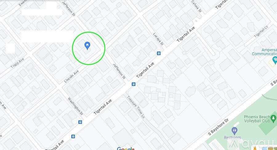 A map with a green circle highlighting a specific location.