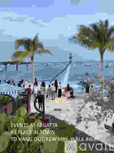 A beach scene with people walking and a text overlay that reads "EVENTS AT REGATTA PLACE IN TOWN TO HANG OUT FEW MIN, WALK AWAY".