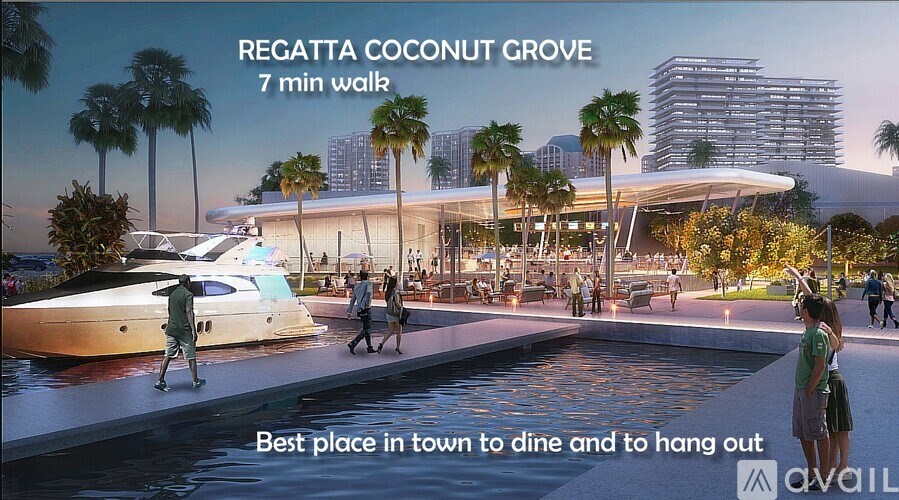 A rendering of a waterfront promenade with people walking and a boat docked, advertising a 7-minute walk to Regatta Coconut Grove.