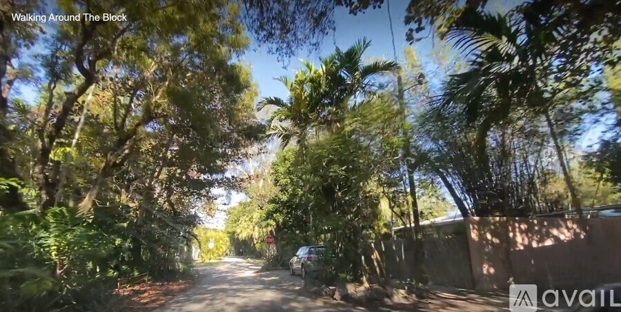 A car is parked on a tree-lined street.