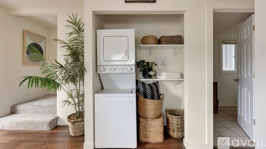 A kitchen with a white oven and a plant.