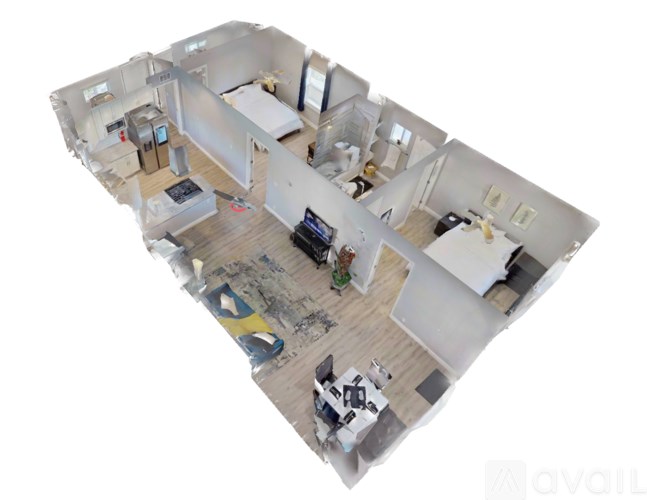 A 3D image of a house interior with a kitchen, living room, and two bedrooms.