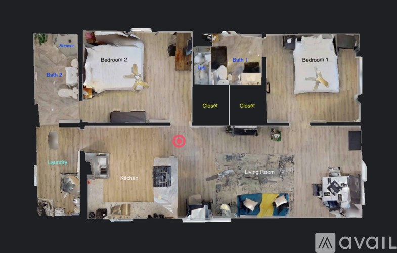A top down view of a small apartment with two bedrooms, a living room, a kitchen, and a laundry area.