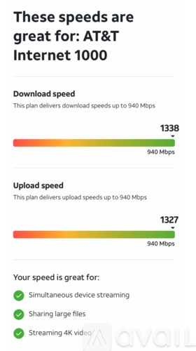 An image showing the download and upload speeds for AT&T Internet 1000 plan, with speeds reaching up to 940 Mbps.