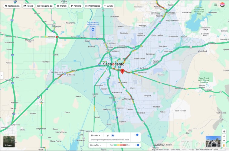 A map with a red pin marking a location in Sacramento.