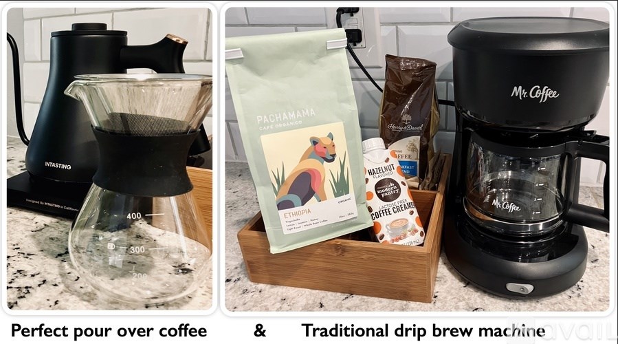 A coffee maker, a coffee bag, and a coffee grinder are displayed.