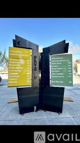 A signboard with the name The Block and a list of shops and their prices.