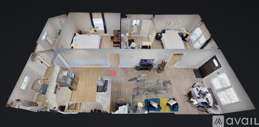 A top down view of a room with a kitchen, living room, and dining area.