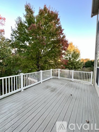 A deck with a white railing and a tree in the background.