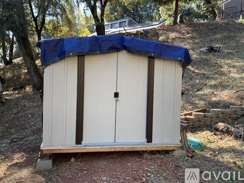 A shed with a blue tarp on top is situated in a yard.