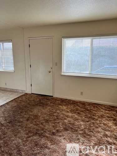 A room with a carpeted floor and a door.