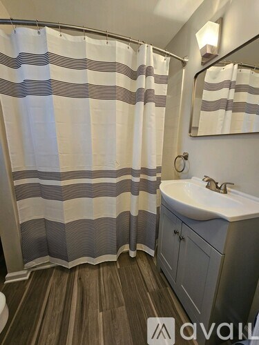 A bathroom with a white sink and a shower curtain with a grey and white pattern.
