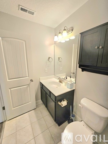 A bathroom with a white toilet, sink, and black cabinetry.