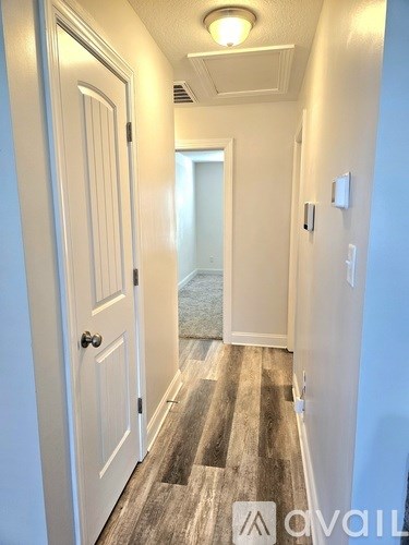 A hallway with a white door and a light on the ceiling.