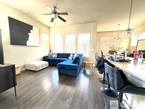 A living room with a blue couch and a fan.